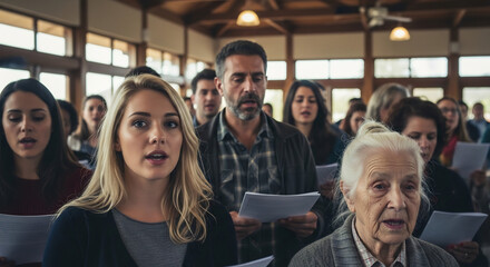 Naklejka premium Intergenerational community singing with heartfelt emotion, holding sheet music. Group expressing solemn unity, peace, and shared reflection in gathering.
