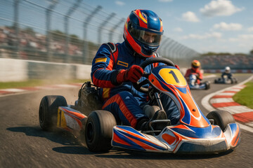 Full-body shot of male karting driver drifting through sharp turn with speed and focus. Concept of motorsport, adrenaline, racing, youth activity, summer outdoor competition.