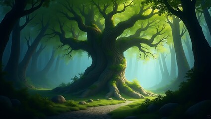 Enchanted forest landscape with majestic tree fantasy woodland scenery nature background magical woods artwork