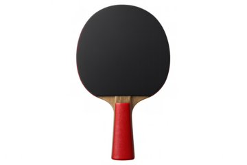 Close-up of a ping pong paddle with black rubber and red handle, isolated on a transparent background, ready for competition