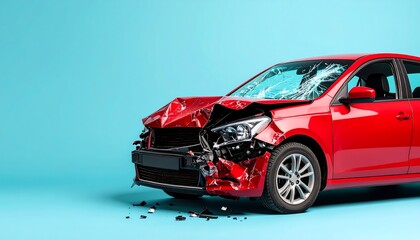 Damaged red car on a light blue background