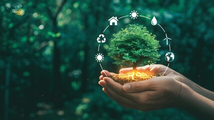 Hands holding tree with soil in lush forest surrounded by sustainability icons, symbolizing environmental care, eco-conscious living, and interconnected conservation