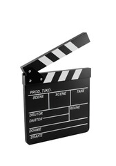 Obraz premium A classic black and white wooden movie clapperboard with striped design, top open, revealing mechanics, isolated on transparent background, high-angle shot concept of filmmaking and production