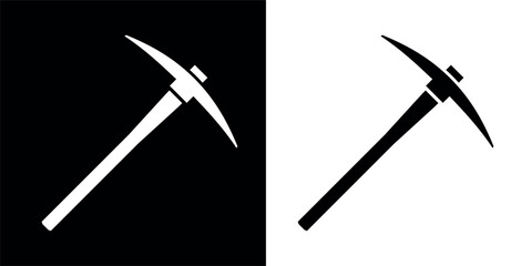 Pickaxe icon. Symbol of work, extraction, or mine. Attribute of a quarry, miner, or worker. Hand-held impact tool for gold or ore mining.