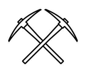 Pickaxe icon. Symbol of work, extraction, or mine. Attribute of a quarry, miner, or worker. Hand-held impact tool for gold or ore mining.
