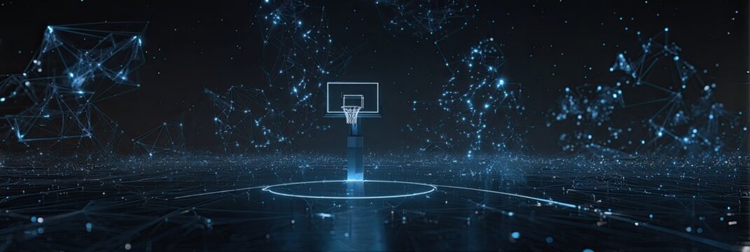 Abstract basketball hoop with digital network overlay - Powered by Adobe