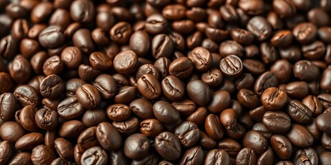 Fototapeta premium Close-up of roasted coffee beans, rich brown tones, textured background, coffee backdrop, coffee shop