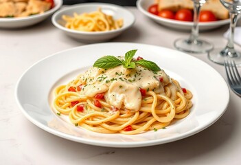 Classic spaghetti carbonara on large white plate, restaurant style, culinary, spaghetti