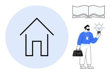 Man holding lit bulb, standing with a briefcase. Minimalist house icon and open book. Ideal for creativity, real estate, education, inspiration, business, problem-solving simple flat metaphor