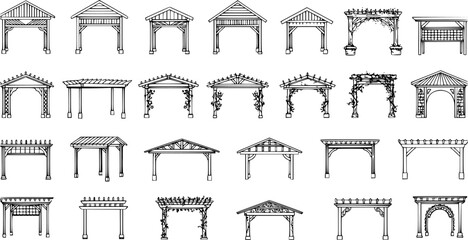 vector set of outline silhouette Pergola icon set