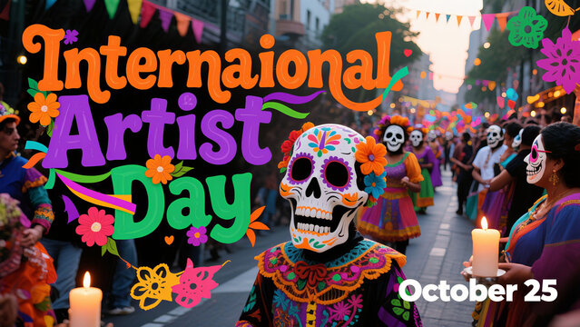 Colorful street celebrations, where people dress up as skeletons, represent the diverse cultural art of International Artist Day and are used for festival activities and cultural promotion scenes.