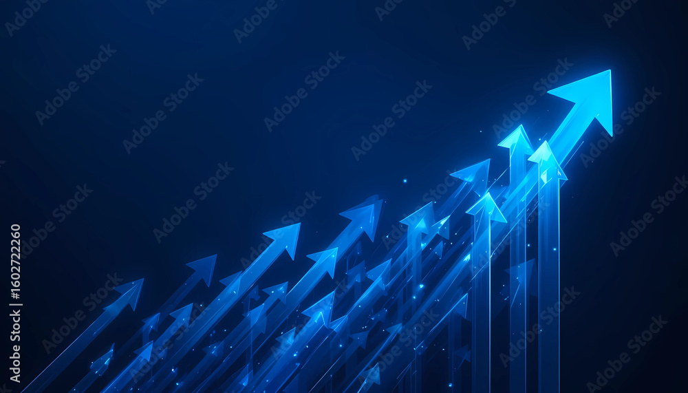 Poster abstract blue arrows pointing upwards symbolizing growth and forward movement on a dark background