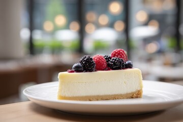 Slice of cheesecake with berries on white plate in soft cafe background