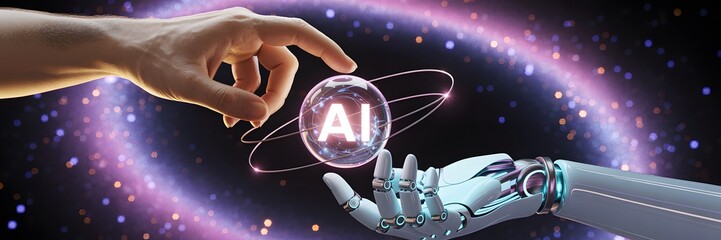 Human and robotic hands reaching for glowing AI symbol in cosmic background, symbolizing artificial intelligence, futuristic connection, and digital evolution