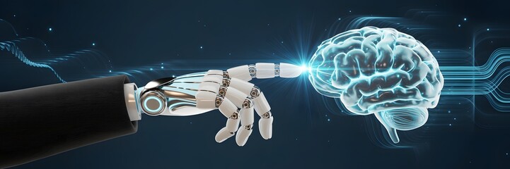 Robotic hand touching glowing digital brain network, symbolizing AI cognition, technological intelligence, and human-machine convergence
