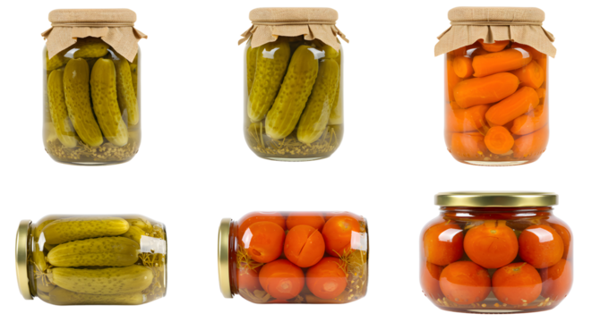 A vibrant display of assorted pickled vegetables in glass jars, showcasing cucumbers and carrots with a rustic touch