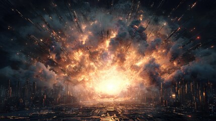 Explosive cosmic event with fiery eruption and billowing clouds, illuminating a futuristic cityscape, showcasing the power of destruction and energy in a dramatic visual narrative