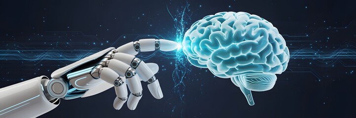 Robotic hand touching glowing digital brain network, symbolizing AI cognition, technological intelligence, and human-machine convergence