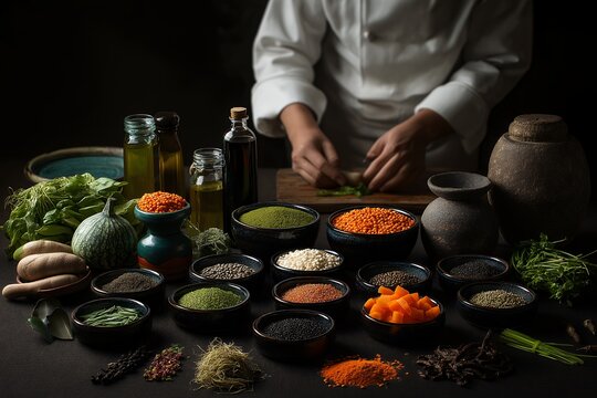 Chef's hands preparing ingredients on wooden board with vibrant spices and oils displayed, concept for culinary arts instruction, restaurant menu design and artisanal food blogging