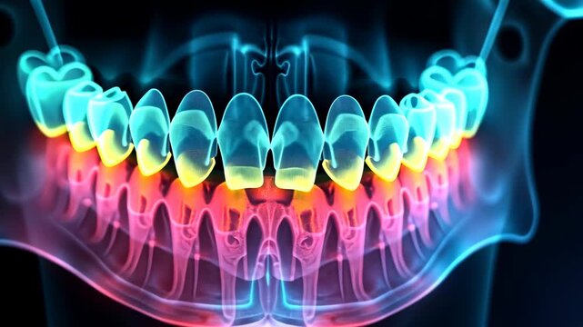 panoramic x-ray, dental imaging, tooth diagnostics. Radiographic analysis. Gums recede from chronic infection. Enamel erosion limits masticatory efficiency. Orthodontic alignment enhances smile