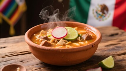 Steaming Bowl of Traditional Mexican Pozole with Radish and Lime Garnish