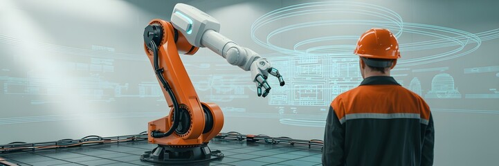 Engineer operating robotic arm in high-tech facility with holographic interface, symbolizing automation, industrial innovation, and human-technology collaboration