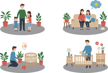 Happy family life with children and baby, parenting moments at home, bonding time, child care, father, mother, newborn love