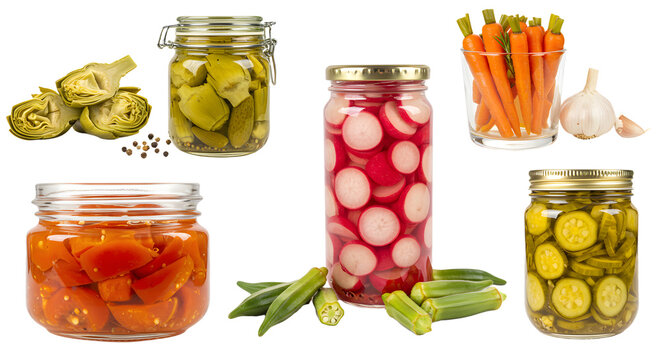 Colorful assortment of pickled vegetables in jars, showcasing vibrant produce with garlic and fresh carrots in the backdrop