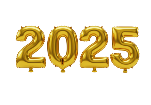 Four golden foil number balloons spelling "2025", metallic sheen, sharp contours, on a pristine clean white background, bright studio, no shadows, New Year concept of a fresh start