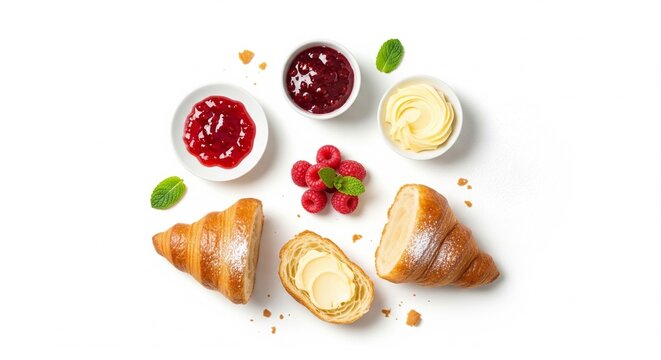A flat lay of breakfast items featuring croissants, raspberry jam, strawberry jam, butter, fresh raspberries, and mint leaves.