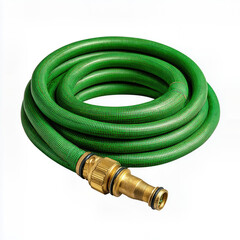 Durable Green Garden Hose Coiled with a Brass Nozzle, Essential for Efficient Outdoor Watering, Lawn Care, and Home Maintenance, Ideal for Gardening Product Marketing or Home Improvement Graphics.
