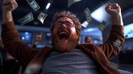 Caucasian male adult celebrating financial success with flying money in office