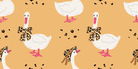 Funny white geese with leopard bows and hats on a warm orange background. Seamless vector pattern for kids textiles, nursery decor, or spring designs.