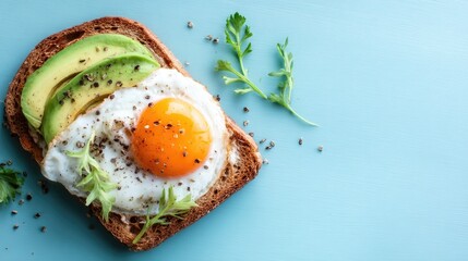Delicious avocado toast with fried egg and herbs.