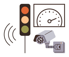 Surveillance camera monitoring traffic, with speedometer and traffic light for safety. Ideal for traffic safety, road monitoring, surveillance, urban management, technology, automation, simple flat