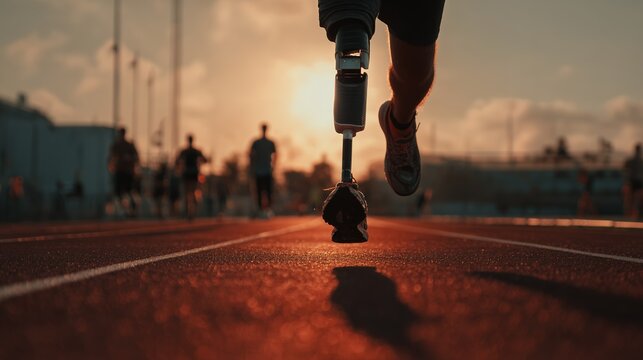 Close-up of a runner with a prosthetic leg sprinting on a track at sunset, concept for athletic achievement, overcoming adversity and Paralympic sports