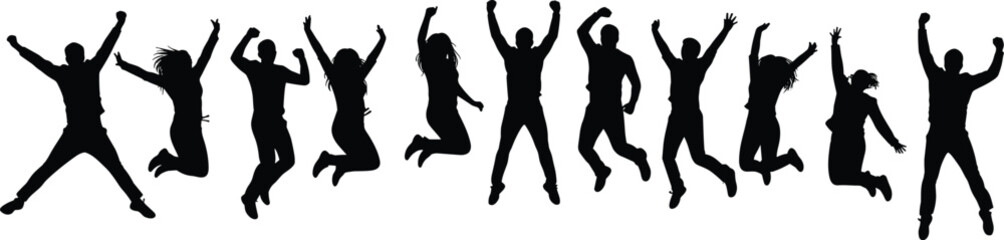 Jumping people silhouette, group happiness, teamwork success, joyful movement, energy celebration, unity concept, black silhouettes, dynamic pose, party, motion art.