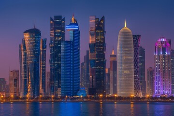 Naklejka premium Doha Skyline at Dusk with Illuminated Towers, AI generated