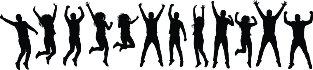 Jumping people silhouette, group happiness, teamwork success, joyful movement, energy celebration, unity concept, black silhouettes, dynamic pose, party, motion art.