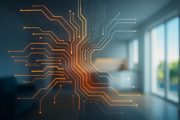 Digital Circuitry: An abstract digital circuit design is superimposed over a soft, light-filled home interior.