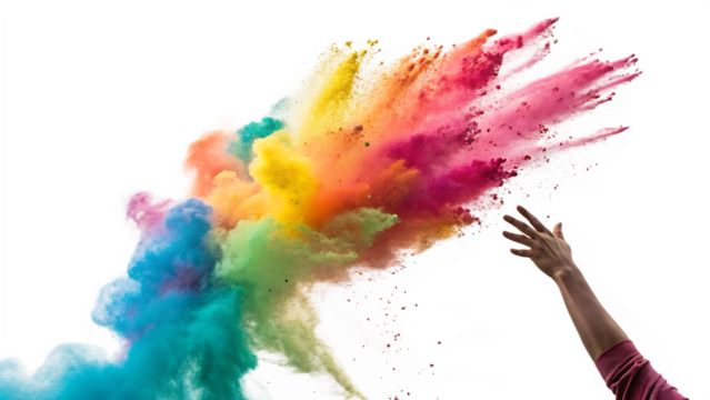 hand releasing vibrant colorful powder cloud explo isolated on white background PNG, AI GENERATED