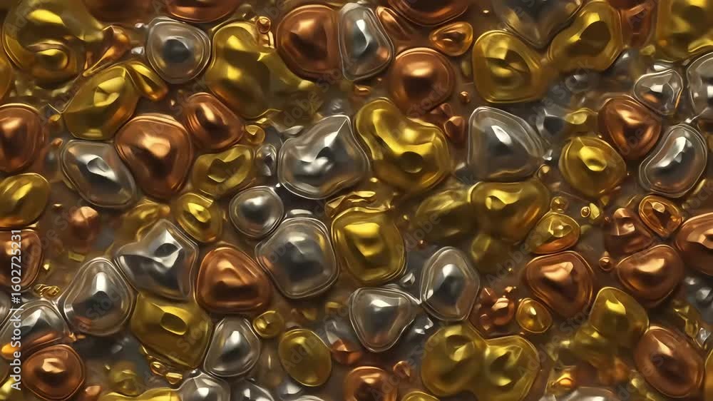 Poster abstract close-up of shiny metallic blobs in gold, silver, and copper tones creating a vibrant textu