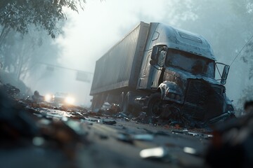 A severely damaged truck sits on a debris-strewn road after an accident in foggy conditions, concept for accident investigation, insurance claims and road safety awareness.