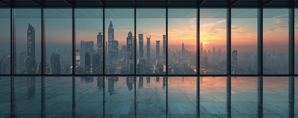 View from office window overlooking Dubai skyline during sunset with glassy floor, concept for corporate office space design, luxury real estate and business investments.