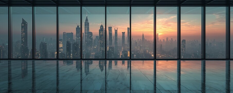 Fototapeta View from office window overlooking Dubai skyline during sunset with glassy floor, concept for corporate office space design, luxury real estate and business investments.
