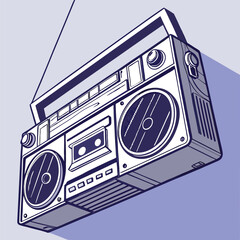 Illustration of a retro boombox with handle, speakers, cassette player, and antenna on a purple background