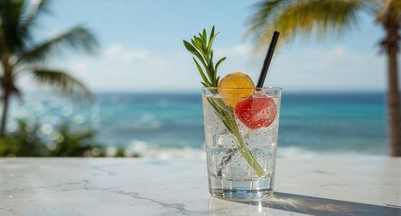 Refreshing drink with ice cubes and fruit at a beach resort under a bright sunny sky day setting
