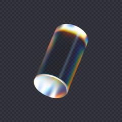 3d transparent glossy cylinder with dispersion effect. Rainbow colors reflection glass. Vector illustration.