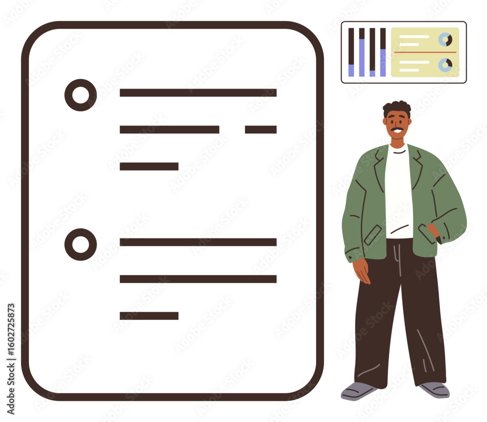 Poster man in relaxed business attire beside a clipboard showing organized tasks and small analytics graphs