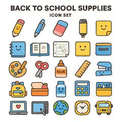 A comprehensive flat vector icon set for school and education, featuring symbols like books, pencils, and computers for web and office use